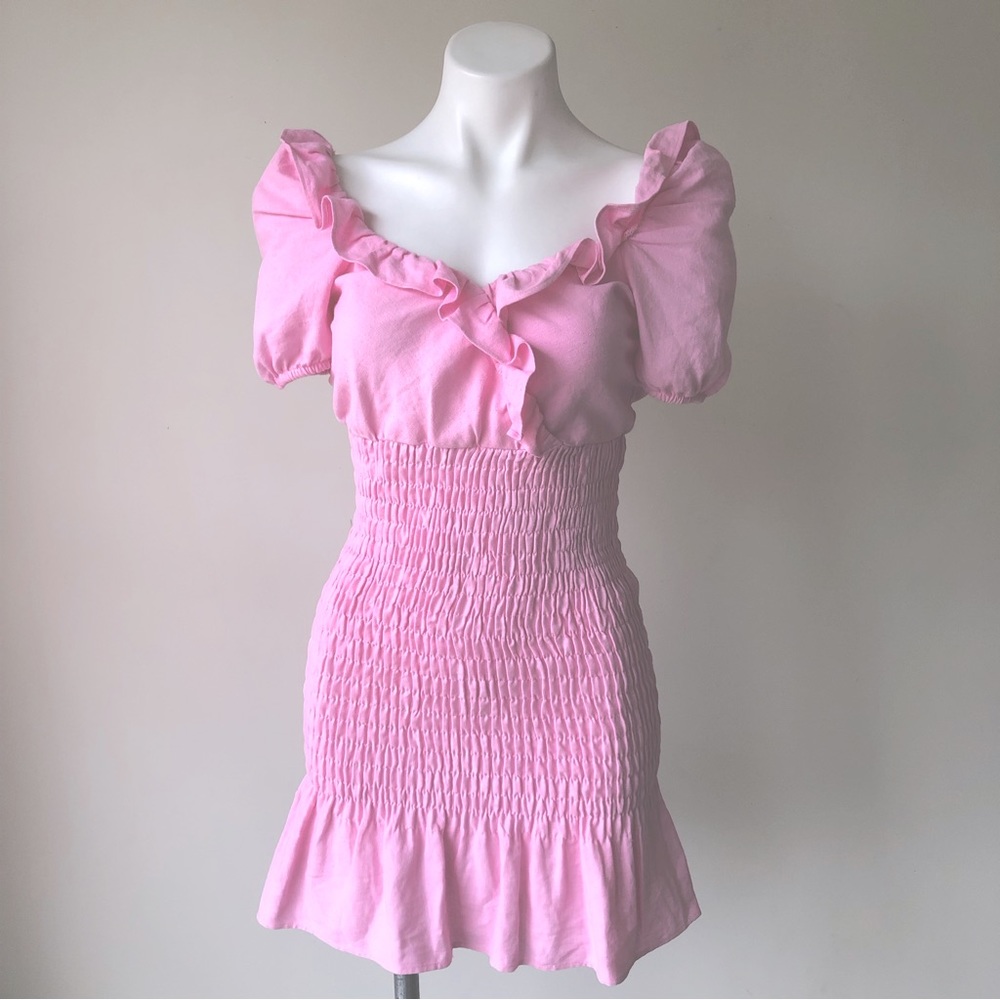 Zara Pink Linen Blend V Neck Ruffled Mini Dress, XS - Picture 5 of 11